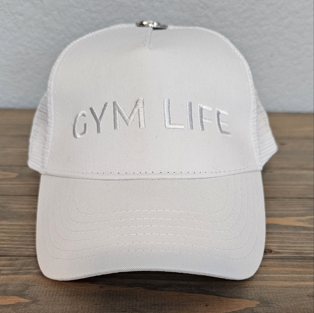 White 'GYM LIFE' Bombshell Sportswear Trucker Cap